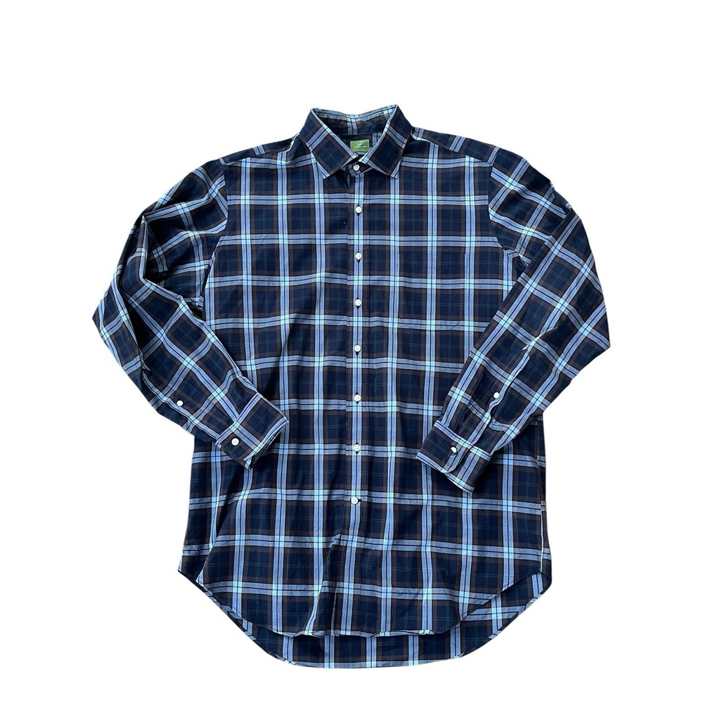 Sid Mashburn Spread Collar Sports Shirt Mens Large Slim‎ Blue Brown Plaid Poplin